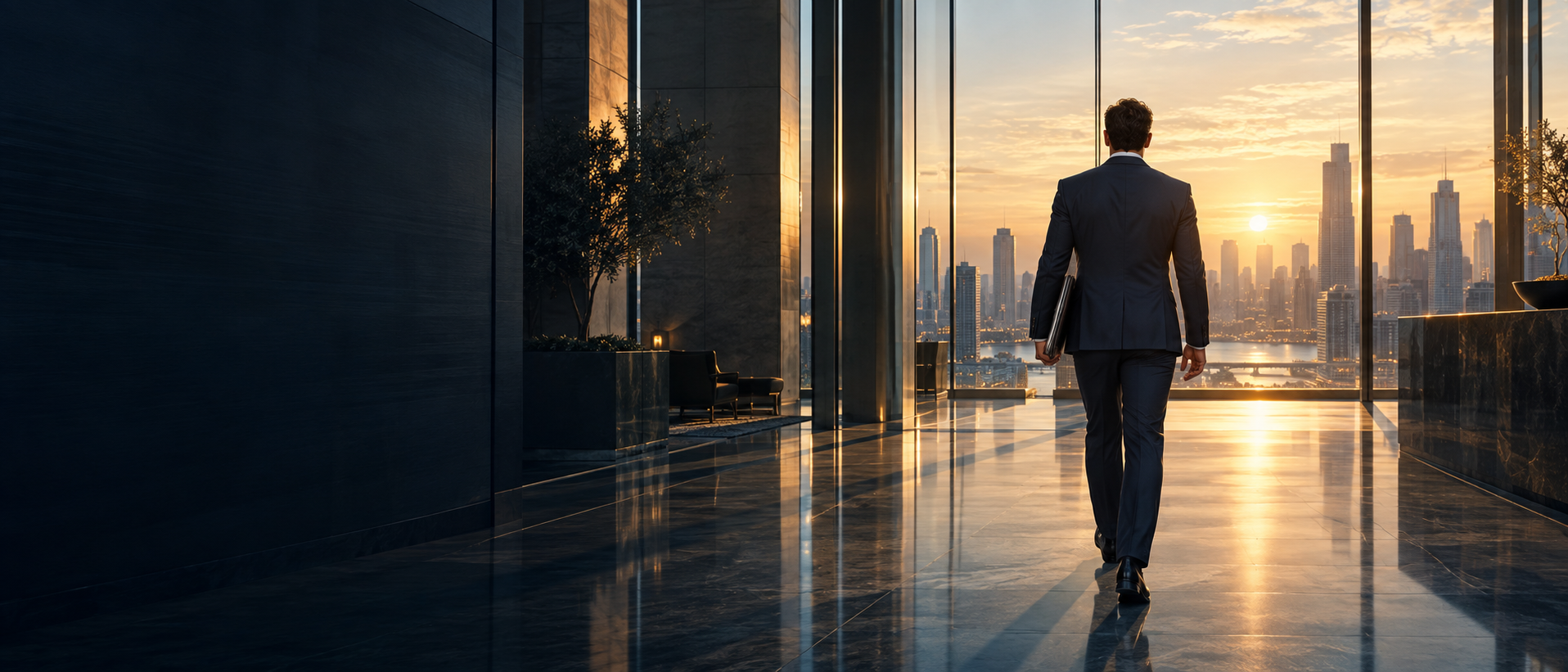 A business professional walking toward a sunlit city skyline.